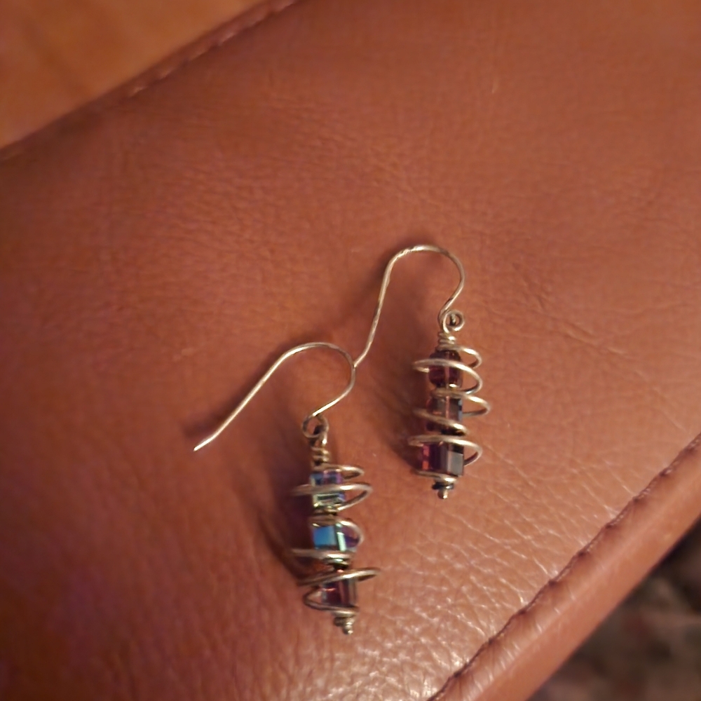 SPIRAL Earrings With PINK-RED AB GLASS Beads Handmade FUNKY DESIGN - Pre-loved
